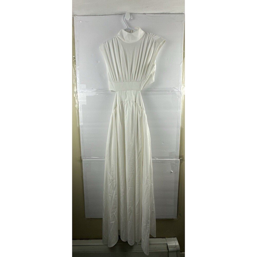 Commense Women's White Ruched Maxi Dress Size M Cinched Waist Polyester